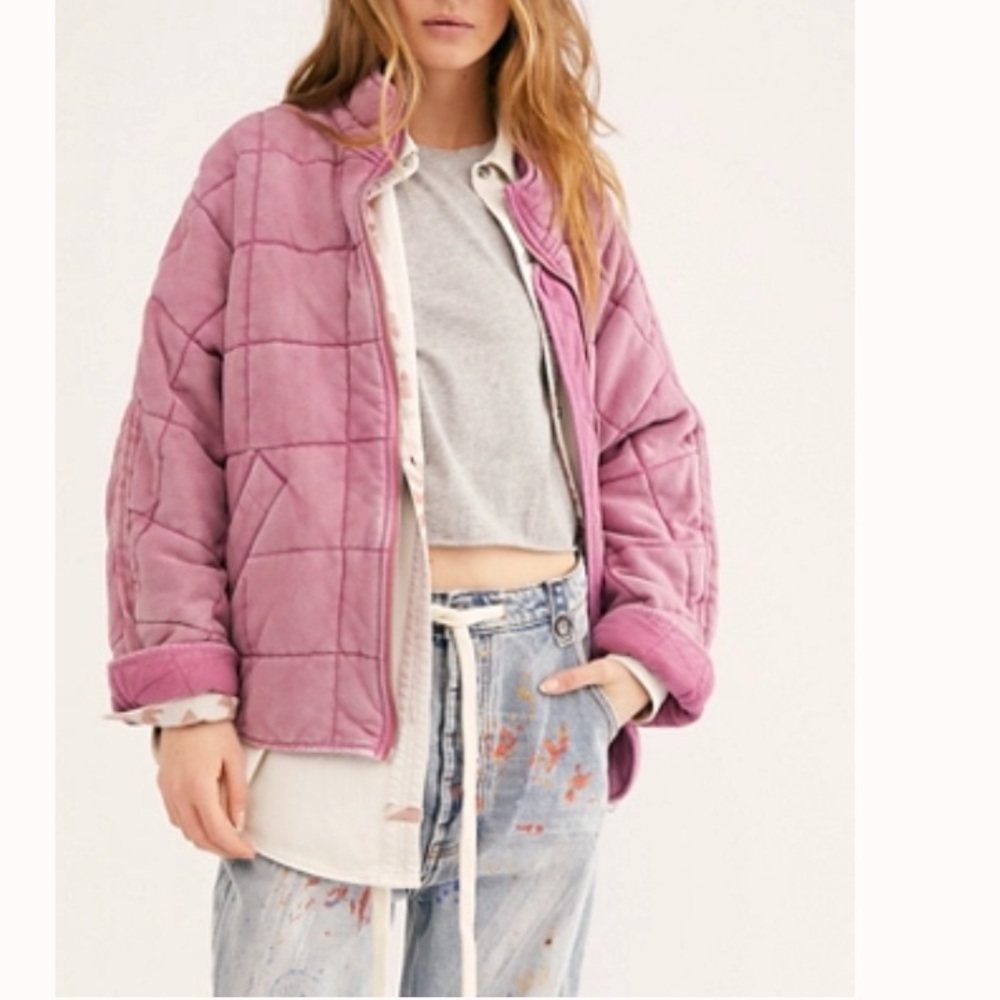Free People Dolman Quilted Knit Jacket SZ L Daphne Pink - Picture 2 of 7